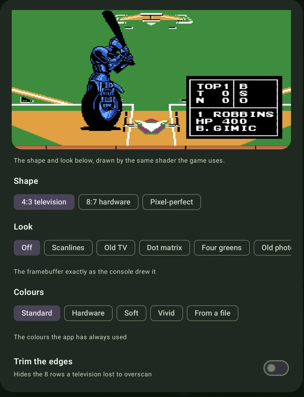 Emulia's picture settings: a live preview above rows of choices for Shape, Look and Colours, and a switch for trimming overscan.