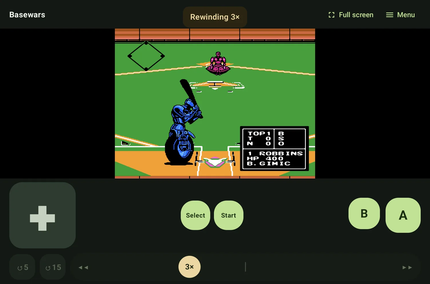 A game playing with the notice “Rewinding 3×” at the top, and the time control at the bottom of the screen showing 3× with jump-back buttons for 5 and 15 seconds.